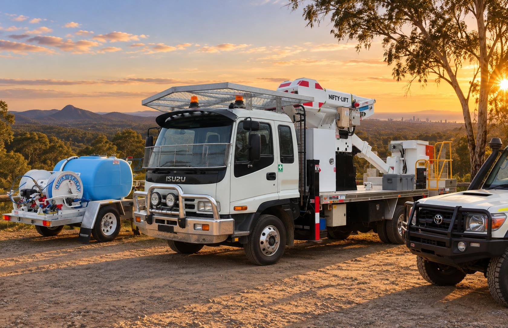 Mine spec ute, insulated EWP truck and spray trailer at sunset in the Gold Coast hinterland
